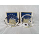 Two Mats Jonasson glass lead crystal paperweights from the Signature Collection, with original