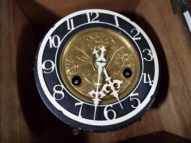 A wall clock with square brass dial and turned decoration to the wooden case Est £10 - £15 - Image 2 of 2