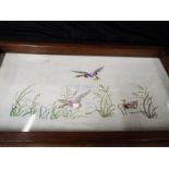 A heavy good quality oak serving tray with tapestry depicting ducks, framed under glass, image size