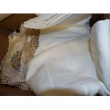 A box vintage linen, tablecloths, napkins and similar