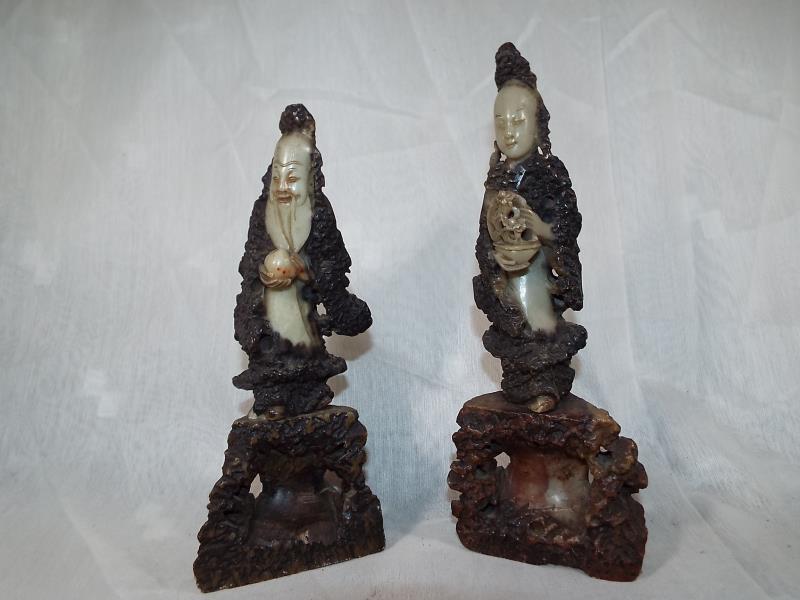 Two Japanese hard stone carvings with figural decoration, 21cm (h)