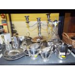 A good mixed lot of silver plated tableware, claret jug, candelabra and similar (qty)