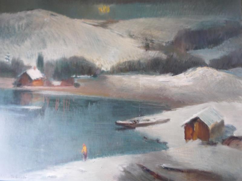 An original oil on board depicting a landscape scene, signed by the artist lower left (unclear),