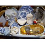 A good mixed lot of ceramics and glassware to include collector plates, blue and white figurines