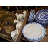 Two boxes containing a good mixed lot to include ceramic tableware, a quantity of brass plaques and