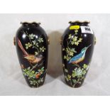 A pair of Cauldon Ltd vases entitled Warbler and Kingfisher, hand painted decoration on a black