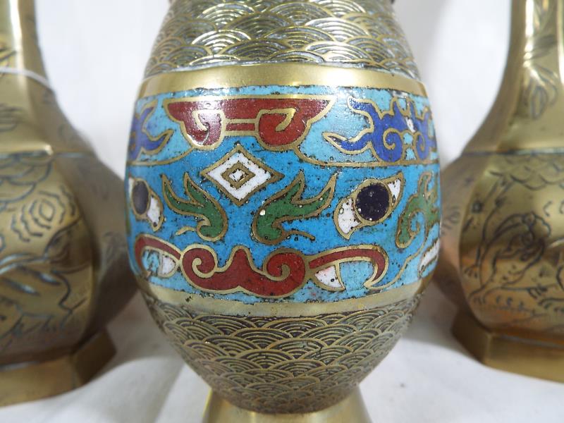 A pair of Chinese brass vases, with engraved decoration, 19cm (h) and a further brass vase with - Image 3 of 3