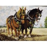 A large wall tapestry depicting Shire Horses, gilt framed, image size 68cm x 129cm