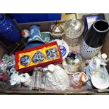 A good mixed lot of ceramics and glass ware to include Wedgwood, enameled trinket boxes, Spode and