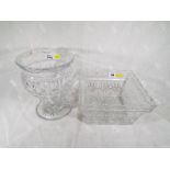 A cut glass crystal pedestal vase, 23cm (h) and square bowl, 13cm (h) - (2)