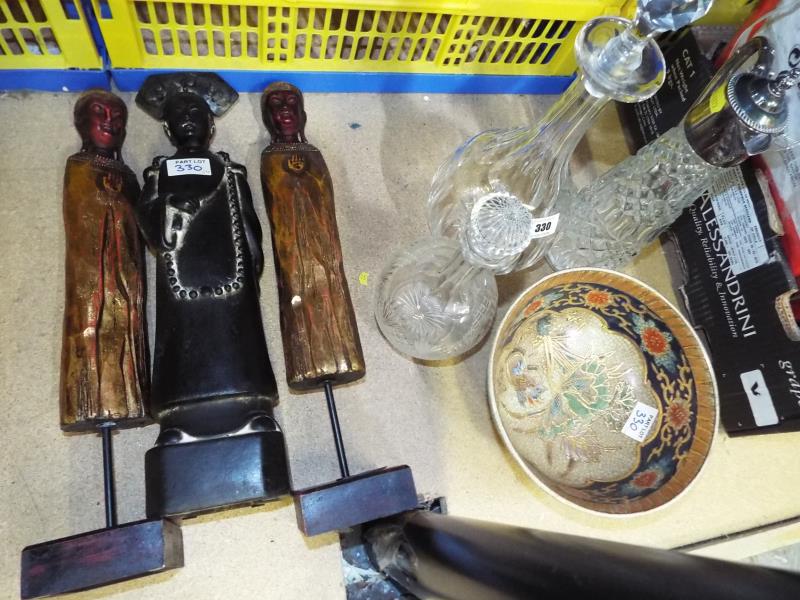 A mixed lot to include cut glass decanter, Oriental bowl and three Eastern figurines (qty)