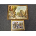 Two oils on canvas depicting Parisian scenes, by artists Bassini & Kingman, image sizes 49cm x 69cm