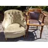 A tub chair with green button back upholstery and an oak armchair (2)