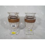 A pair of good quality glass pedestal vases decorated with gilt banding, 15cm (h)