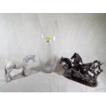 A large art glass vase with a floral design 43 cm (h) and two figurines depicting horses (3)