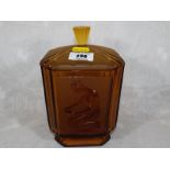 A Sowerby Art Deco amber glass Pandora's Box lidded biscuit jar, pattern number 2544, 19.5cm (h) -