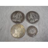 Three Victorian silver coins to include 1898 and 1900 half crowns, 1901 Indian One Rupee and an