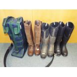 A collection of horse riding boots by Ariat, a carry bag and belt UK size 6.5 and 7 (qty)