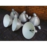 Six contemporary dome ceiling lights, brush steel finish with white interior, approximately 50cm