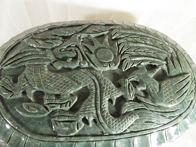 An oriental carved jadeite horse drawn carriage with relief decoration to the roof depicting a - Image 4 of 5