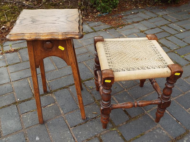 A small oak plant stand and a woven seated foot stool - (2)