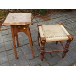 A small oak plant stand and a woven seated foot stool - (2)