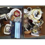 Two boxes of ceramics, glassware, trinket boxes,