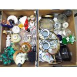 Two boxes containing a collection of ceramics, glassware, brass ware,