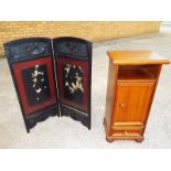 A good quality mahogany pot cabinet, 77cm x 36cm x 30cm and an Asian folding screen depicting birds,