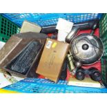 A mixed lot to include a Brunalock trailer lock, plated ware, binoculars,