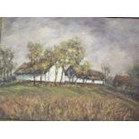 An oil on board depicting a rural landscape with cottages amongst the woods,