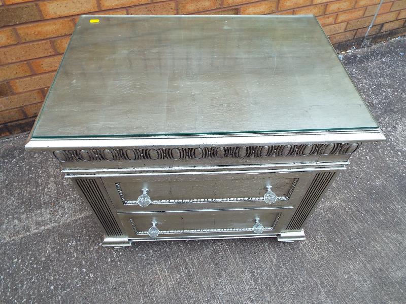 An ornate silvered bedside cabinet with twin drawers faceted glass handles and plate glass surface - Image 2 of 2