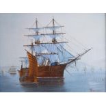 Two oil on boards depicting ships, signed lower right, Benson,