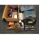 A collection of tools to include a cased socket set, a Stanley plane,