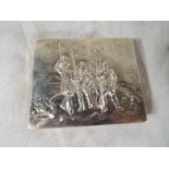 A Sterling silver cigarette box with relief decoration depicting military figures in period costume,