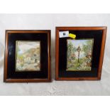 Three Edwardian tapestries depicting countryside gardens on fine cotton with painted detail,