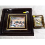 Two hand painted Emaux d'art Delimoges framed pictures one depicting a winter's scene,