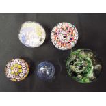 Five glass paperweights to include Millefiori,