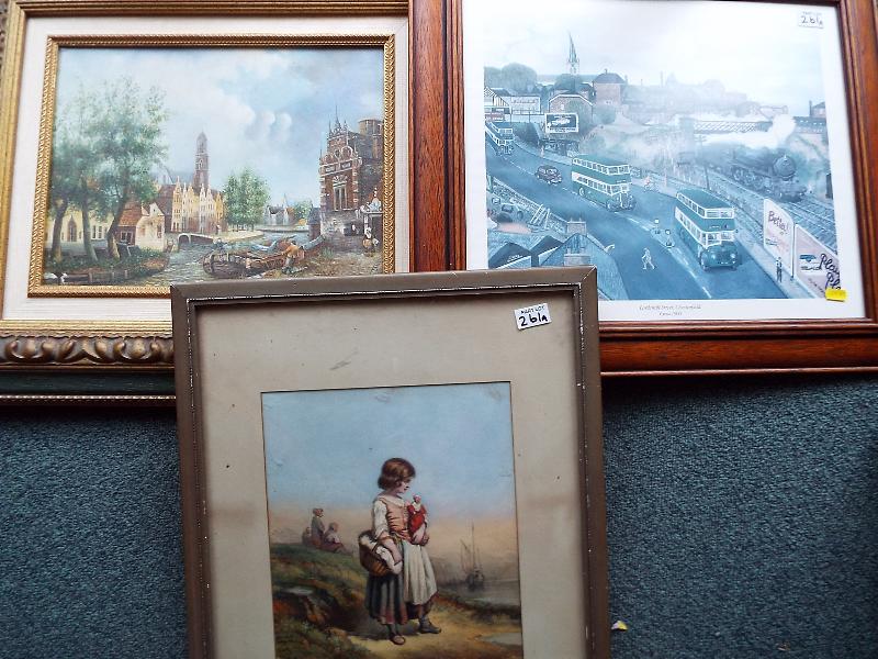 An oil on board depicting a town scene, framed, image size 18.