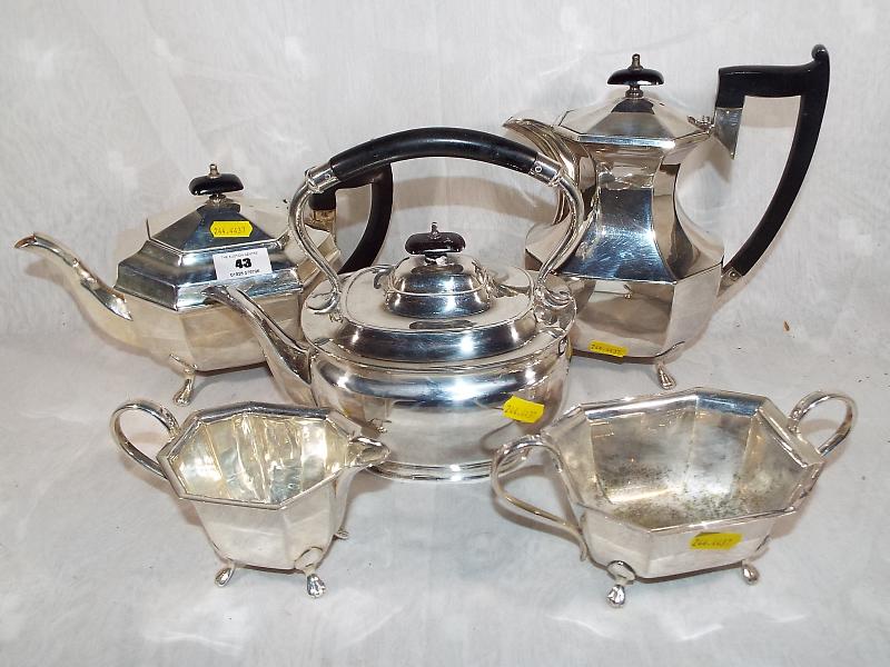 A plated tea / coffee service comprising 5 pieces with ebony handles