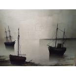 An oil on canvas depicting ships at sea, signed lower right by the artist G.