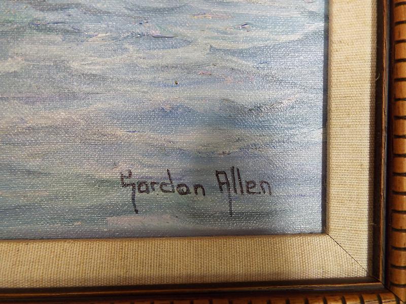 An oil on canvas depicting a headland scene with fishing boat, - Image 2 of 2