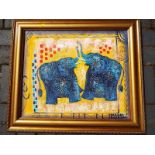An oil on canvas depicting two Indian elephants signed (unclear) image size 50cm x 60cm,