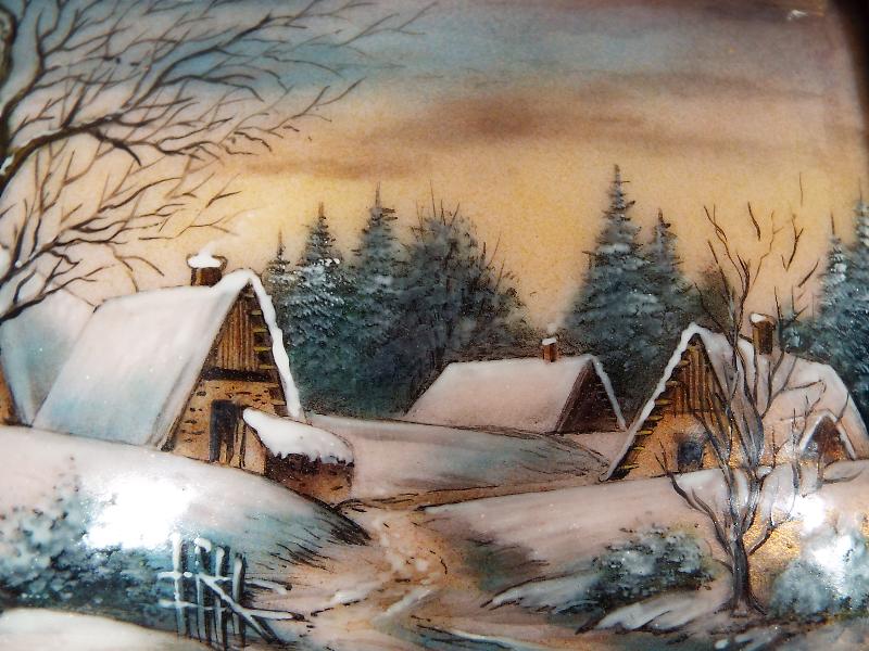 Two hand painted Emaux d'art Delimoges framed pictures one depicting a winter's scene, - Image 2 of 5