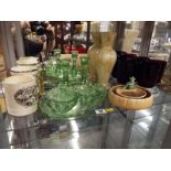 A good mixed lot of brass ware and ceramics to include a dressing table set, tankards,