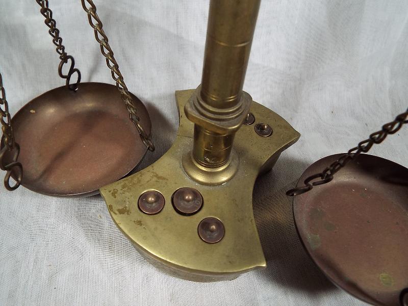 A brass weighing balance with graduated brass weights - Image 2 of 2