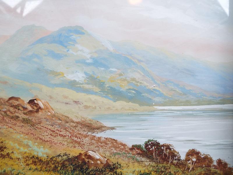 A watercolour depicting a riverside scene,
