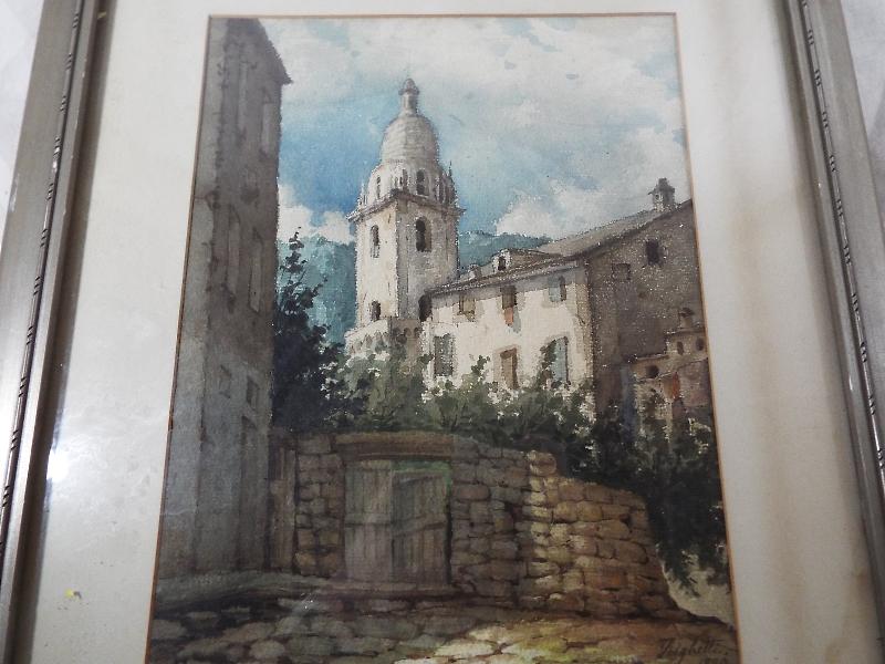 A watercolour depicting a church scene, signed lower right by the artist, Thighetti 1890,