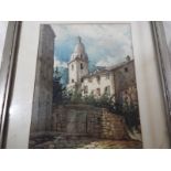 A watercolour depicting a church scene, signed lower right by the artist, Thighetti 1890,