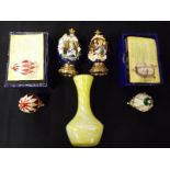 Four Faberge style eggs entitled Harlequin, Nest of Pearls and similar,